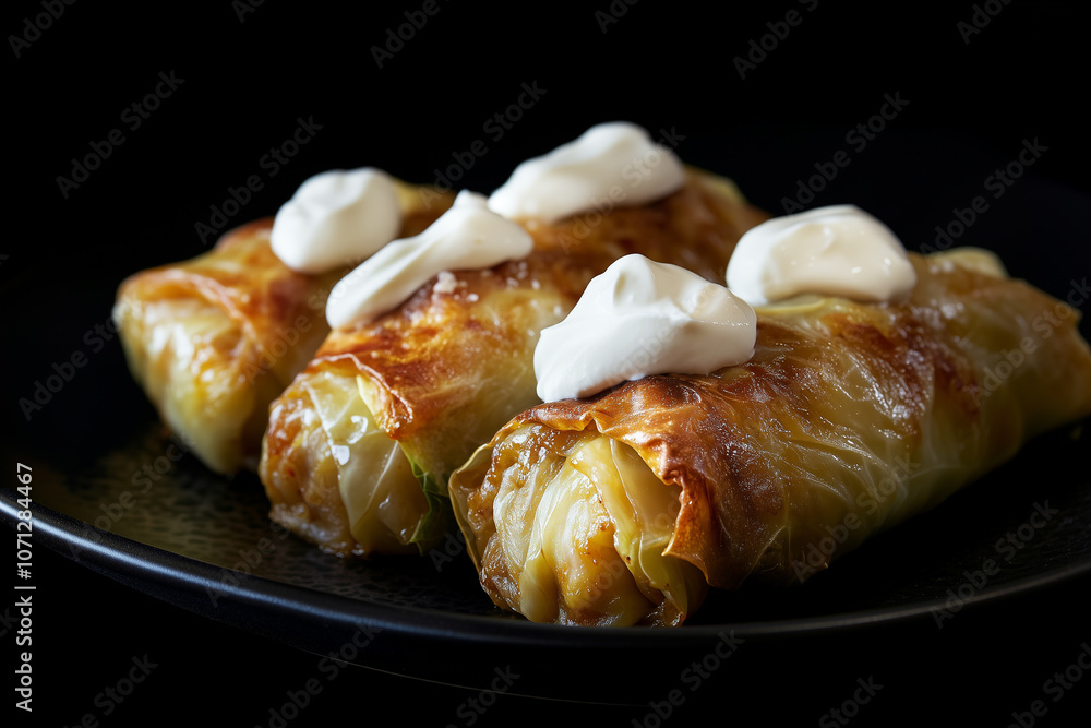 Close-up of cabbage rolls with sour cream isolated on black background Close-up of cabbage rolls with sour cream isolated on black background