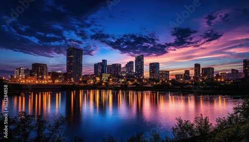 City Skyline Reflected in Water at Sunset