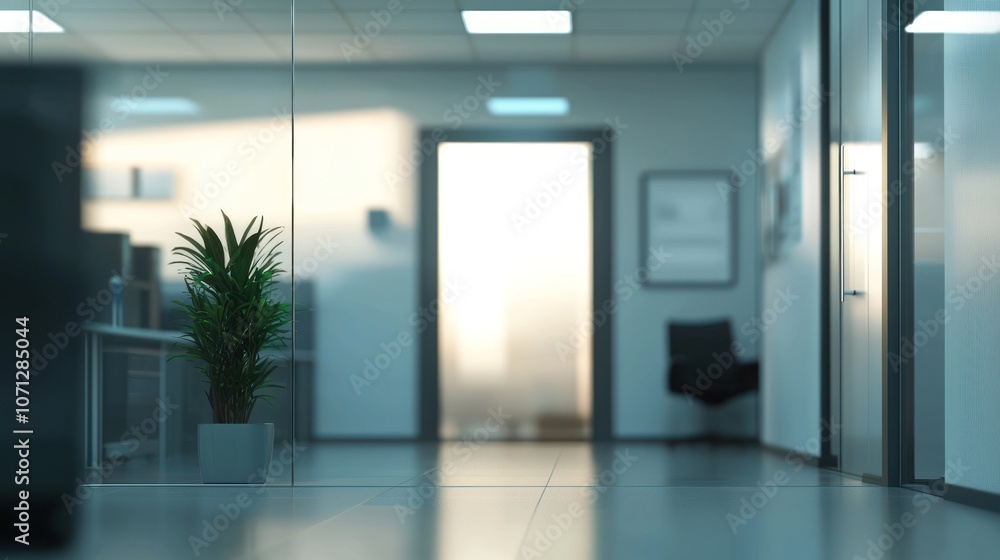 Obraz premium Blurred office interior background with a blurred door and glass wall, blurry bokeh light effect for a business concept design. High-quality photo, taken with a telephoto lens in realistic daylight.