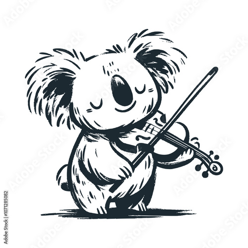 Koala playing the violin. Black white vector illustration.