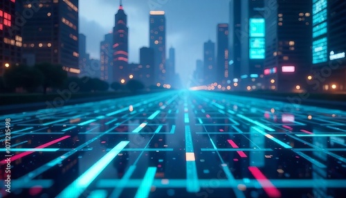 A Futuristic World of Neon Lights and Digital Reflections