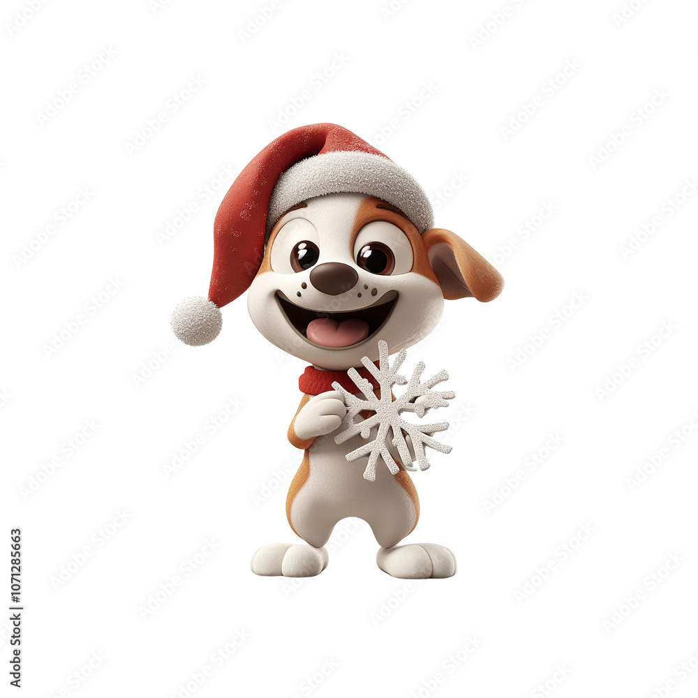Cute Cartoon Dog Wearing Santa Hat Holding a Snowflake Cute Cartoon Dog Wearing Santa Hat Holding a Snowflake