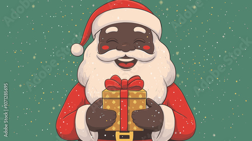 Cheerful Black Santa Claus Holding Festive Gift in Snowfall on Green Background | Christmas Cartoon Art | Holiday Season Illustration for Festive Cheer