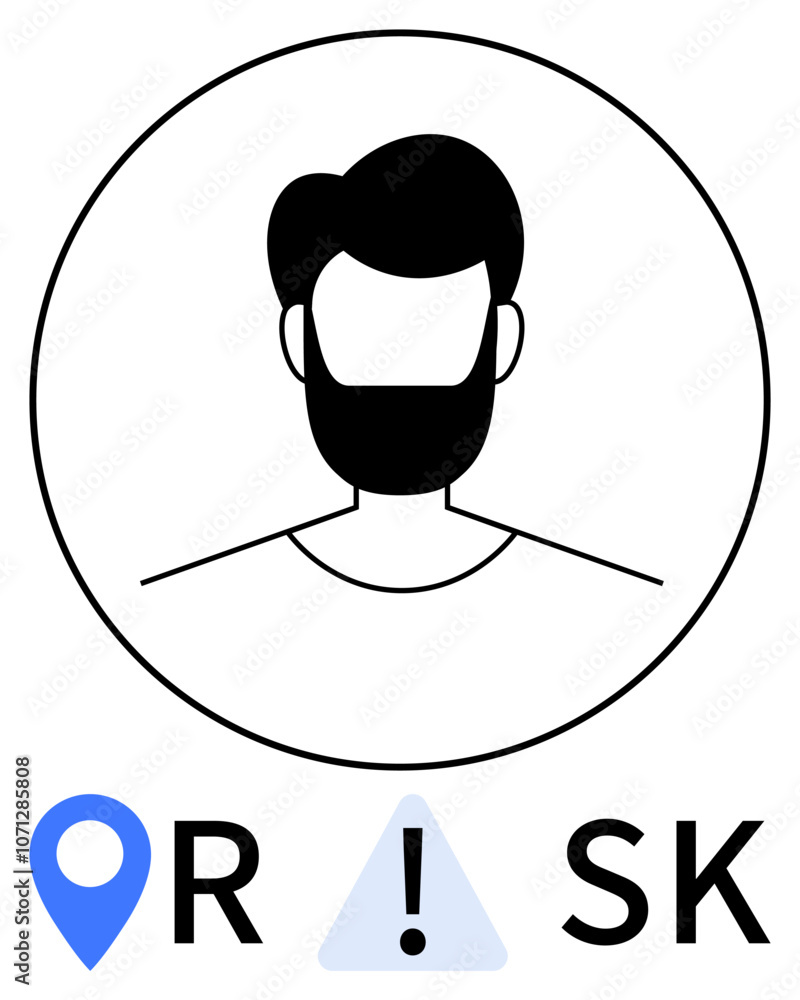 Minimalistic avatar of a bearded man in a circle with blue location marker and exclamation mark warning symbol spelling RISK. Ideal for risk management, security, safety, assessment, evaluation Minimalistic avatar of a bearded man in a circle with blue location marker and exclamation mark warning symbol spelling RISK. Ideal for risk management, security, safety, assessment, evaluation