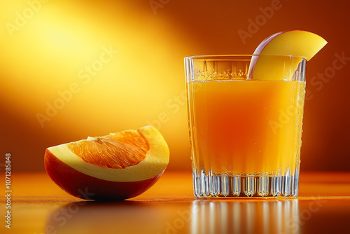 A vibrant glass of juice featuring apple and orange slices, set against a smooth gradient background. Perfect for refreshing summer beverage themes. photo