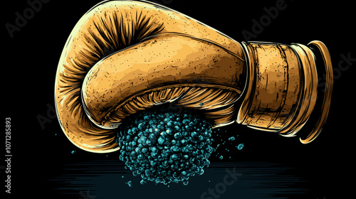 Illustration of Gold Boxing Glove Impacting Black Surface with Blue Debris, Sports Equipment Art, Golden Glove Abstract Design, Dynamic Sports Imagery