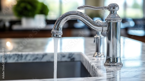 A close-up of a chrome kitchen faucet with water running into a sink. photo