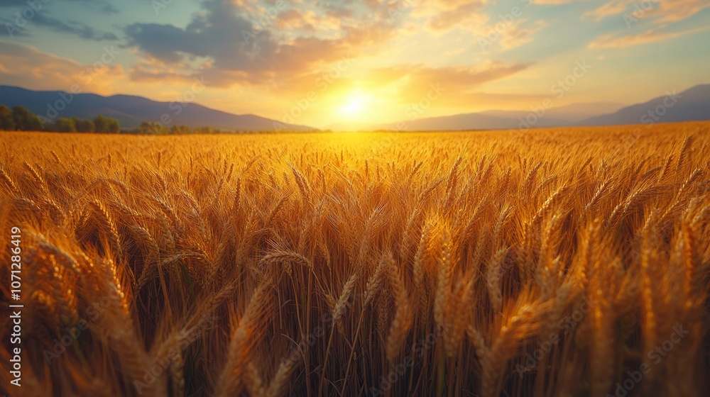 Obraz premium Golden Wheat Field Swaying Under Bright Midday Light