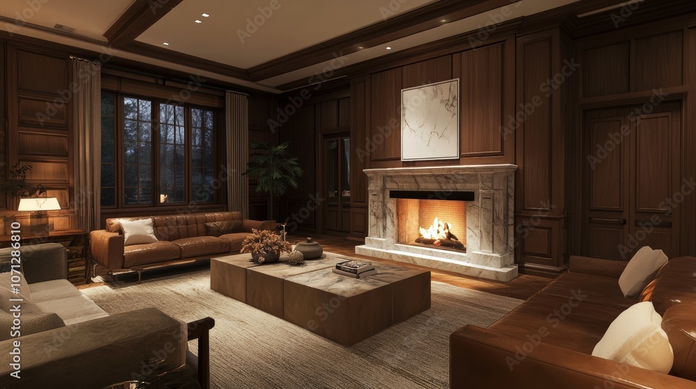 Cozy Upscale Living Room Featuring a Marble Fireplace and Leather Couches. Generative AI Cozy Upscale Living Room Featuring a Marble Fireplace and Leather Couches. Generative AI