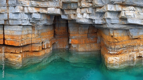 A close-up of a rocky cliff face with a small cave opening, with clear turquoise water in the foreground.