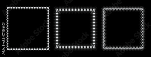 Three decorative gray frames on black background. Each frame has unique, intricate design. Thorn or web like appearance. Grunge, edgy and raw aesthetics for your graphic design projects.