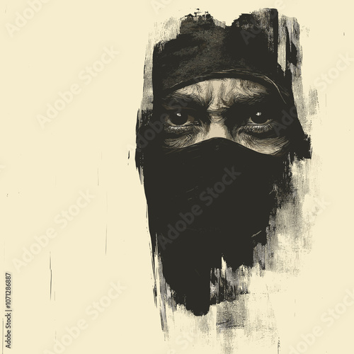 Mysterious Ninja Artwork with Intense Eyes on Canvas, Black Brushstroke Mask, Vintage Wash, Shadowed Expression, Intriguing Portrait, Spiritual Essence