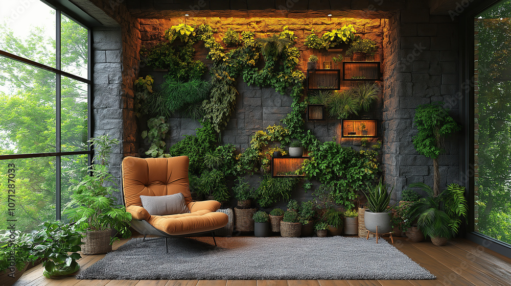 A cozy room with an armchair and lots of plants, greenery adorning the walls, a black stone wall, and a window overlooking nature A cozy room with an armchair and lots of plants, greenery adorning the walls, a black stone wall, and a window overlooking nature