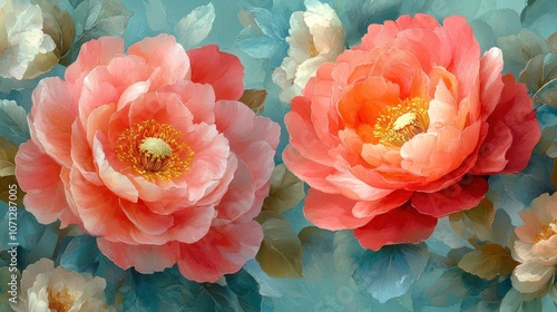 Fototapeta Naklejka Na Ścianę i Meble -  A close-up oil painting of two vibrant pink peonies with yellow centers surrounded by green leaves and white peonies on a teal background.