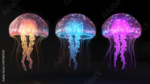 Three dimensional render of glowing jellyfish. Glowing. Illustration