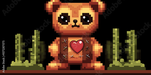 Adorable Pixel Art Teddy Bear with Heart and Stitches Amidst Green Plant Background - Retro Video Game Aesthetic, 8-Bit Design, Cute Digital Landscape