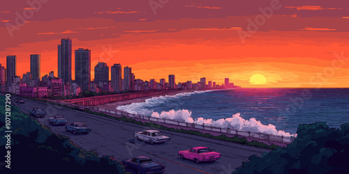 Vibrant Pixel Art Coastal City Sunset with High-Rise Buildings, Ocean Waves, Colorful Cars, Scenic Road, Dramatic Skyline, Serene Water, and Rich Orange Horizon