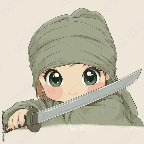 Cute anime character portrait with wide green eyes holding a shiny sword, wearing green headscarf, showcasing artistic style and Japanese animation influence