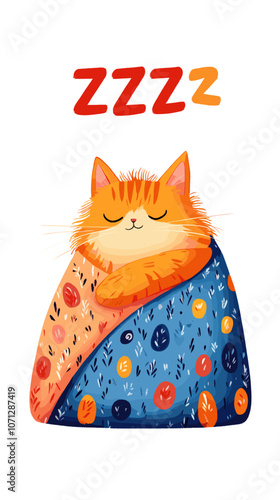 Adorable Orange Cat Sleeping Peacefully in Colorful Blanket with ZZZZ Above, Cozy Sleepy Kitty Illustration, Warm Blanket Design, Cute Cat Art