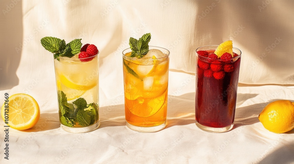 Fototapeta premium Three Refreshing Summer Drinks with Lemon and Raspberries