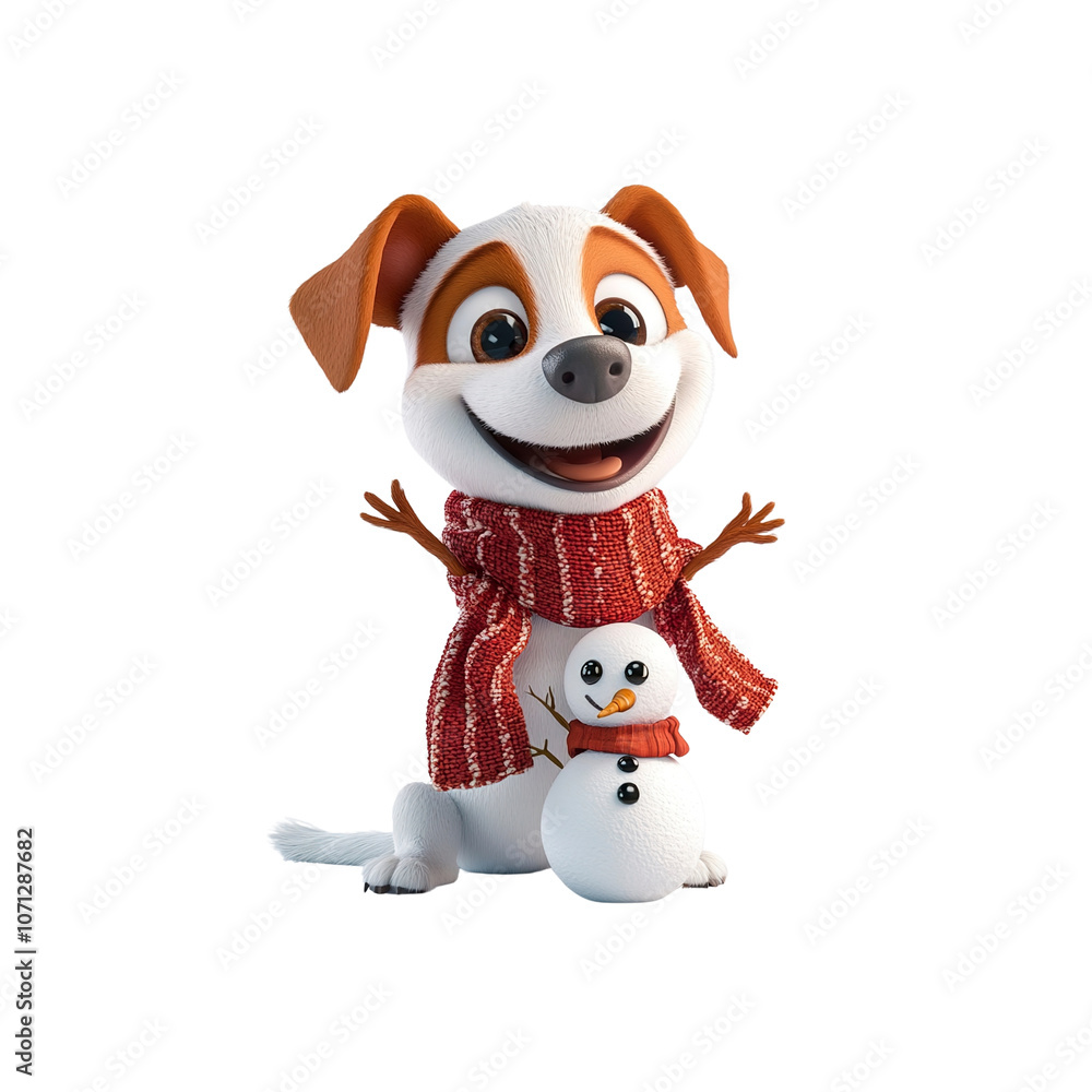 Cute Cartoon Dog Holding a Snowman in Winter Cute Cartoon Dog Holding a Snowman in Winter