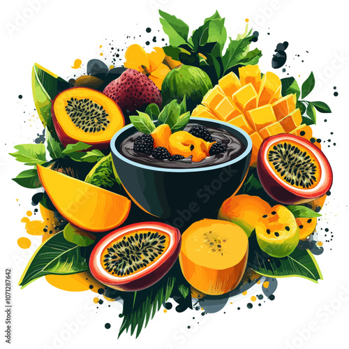 Exotic Fruit Bowl with Passionfruit, Mango, Papaya, Berries and Leaves - Vibrant Tropical Fruit Arrangement for Healthy Eating and Smoothie Inspiration