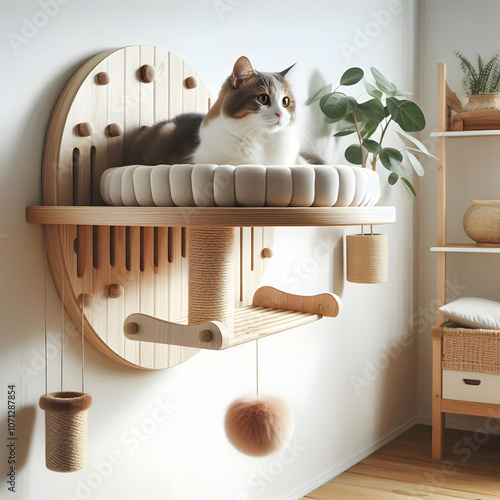 1 Wall-mounted cat perch with a natural wooden base cozy cushion and safety lip designed for both st2  photo