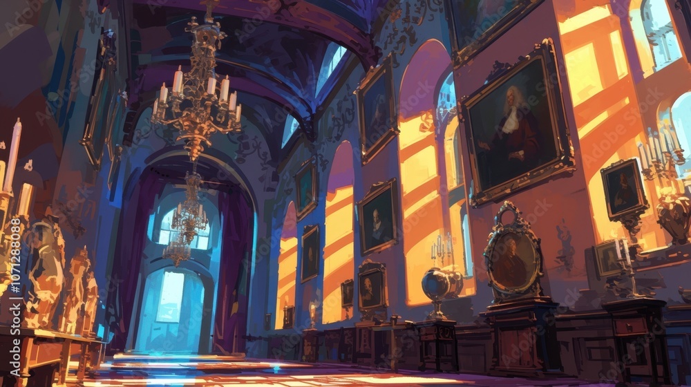 Obraz premium The portraits lining the walls of the castle seem to shift and change as the ghostly inhabitants of the past make their presence known.