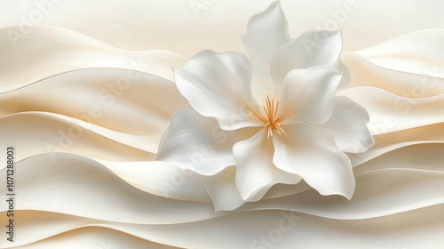 A delicate white flower with five petals and a yellow center rests atop soft, wavy, cream-colored fabric.