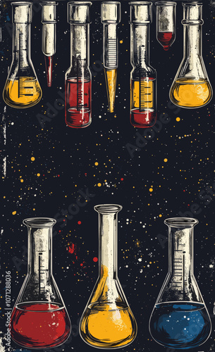 Vintage Chemistry Illustration with Colorful Test Tubes and Flasks: Red, Yellow, Blue Liquids on Dark Background Perfect for Science Art Decor and Education