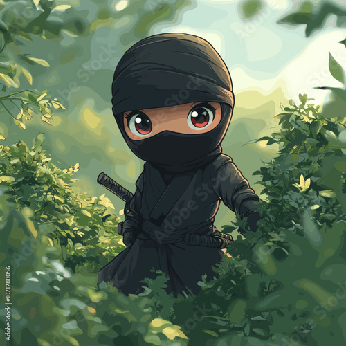 Adorable Ninja Character in Lush Green Forest | Cute Anime Ninja with Sword | Detailed Illustration of Stealthy Figure Amidst Vibrant Foliage and Nature