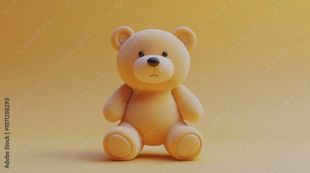 A Plush Tan Teddy Bear Sitting on a Yellow Background A Plush Tan Teddy Bear Sitting on a Yellow Background
