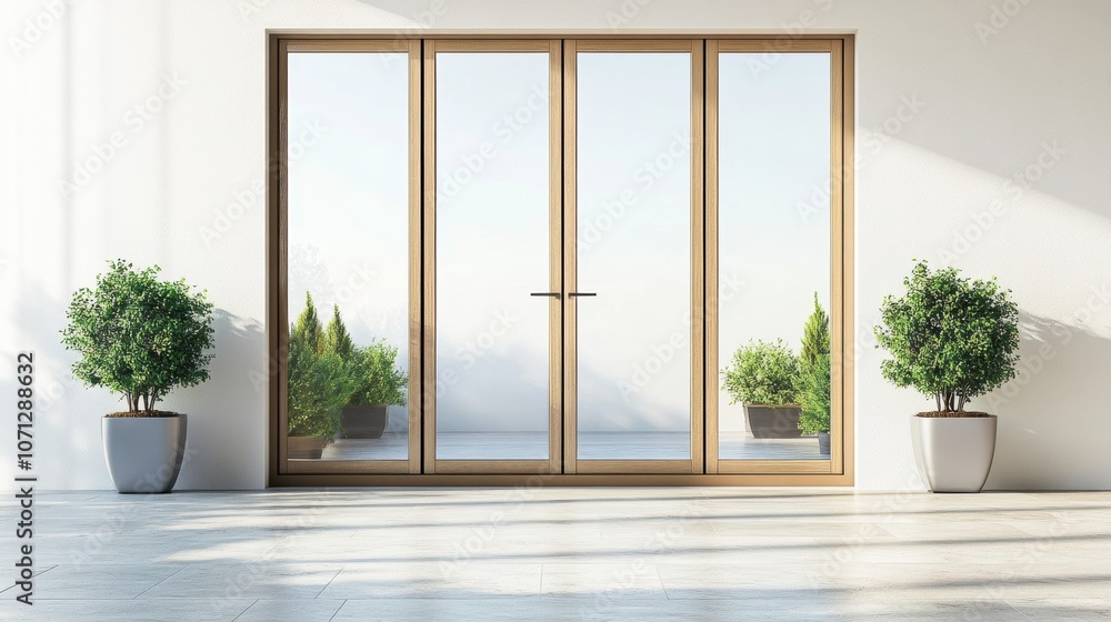 Stylish Closed Bifold Doors With Plants on Indian Sandstone Patio in Spring. Generative AI Stylish Closed Bifold Doors With Plants on Indian Sandstone Patio in Spring. Generative AI