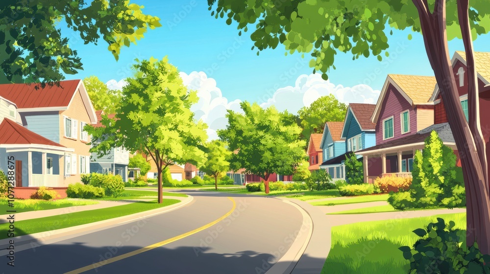 Charming Suburban Street Lined With Colorful Homes and Lush Greenery. Generative AI Charming Suburban Street Lined With Colorful Homes and Lush Greenery. Generative AI
