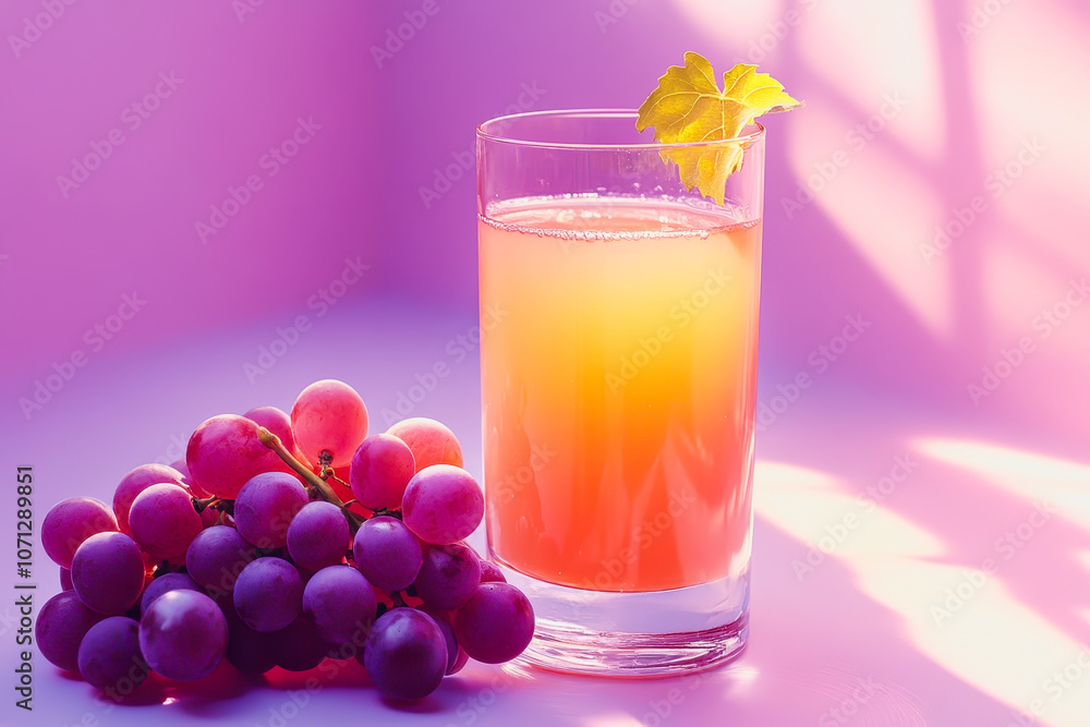 A vibrant glass of refreshing grape juice sits beautifully against a smooth gradient background, complemented by fresh grapes and a delicate garnish. Perfect for a summer vibe! A vibrant glass of refreshing grape juice sits beautifully against a smooth gradient background, complemented by fresh grapes and a delicate garnish. Perfect for a summer vibe!