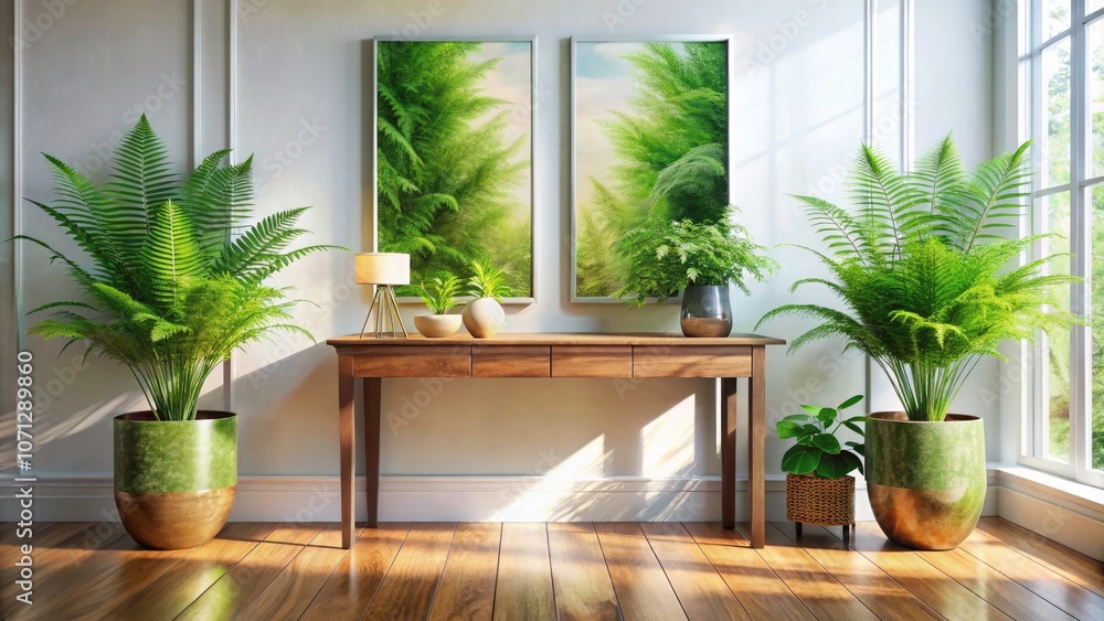 Modern Entryway Design with Sleek Wooden Floor and Console Table, Emphasizing Minimalism and Spaciousness with Lush Potted Ferns Modern Entryway Design with Sleek Wooden Floor and Console Table, Emphasizing Minimalism and Spaciousness with Lush Potted Ferns