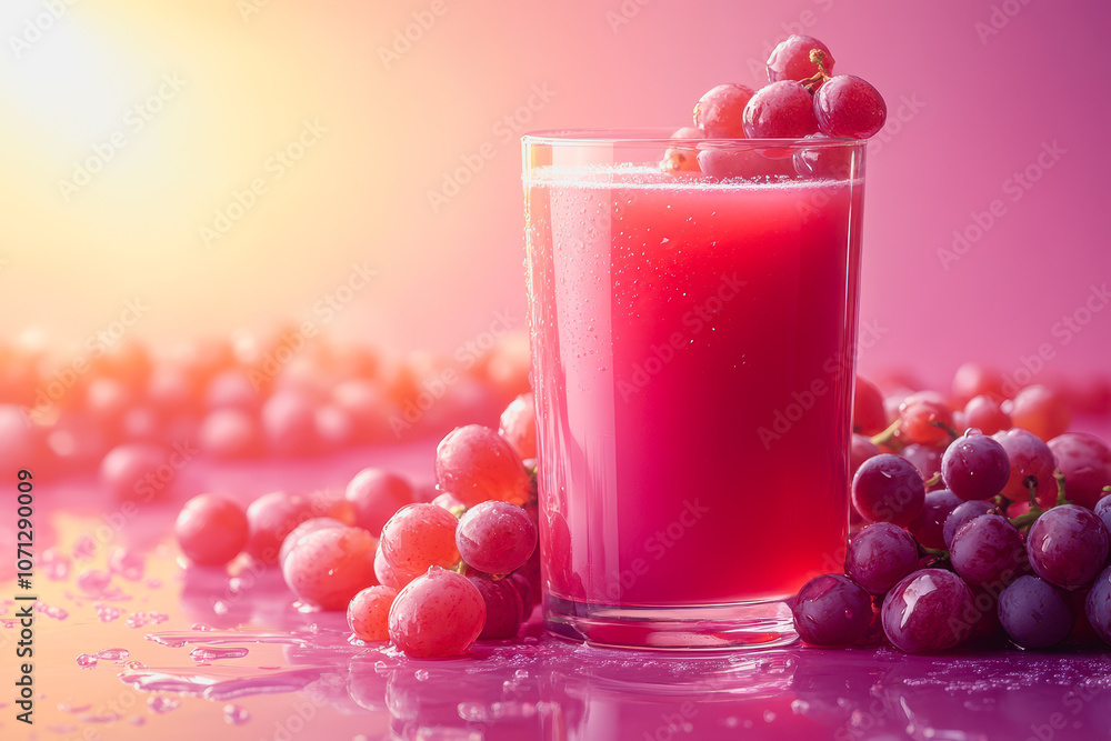 A vibrant glass of refreshing grape juice sits elegantly on a smooth gradient background, surrounded by fresh grapes. Ideal for summer themes, healthy lifestyle, or beverage inspirations. A vibrant glass of refreshing grape juice sits elegantly on a smooth gradient background, surrounded by fresh grapes. Ideal for summer themes, healthy lifestyle, or beverage inspirations.