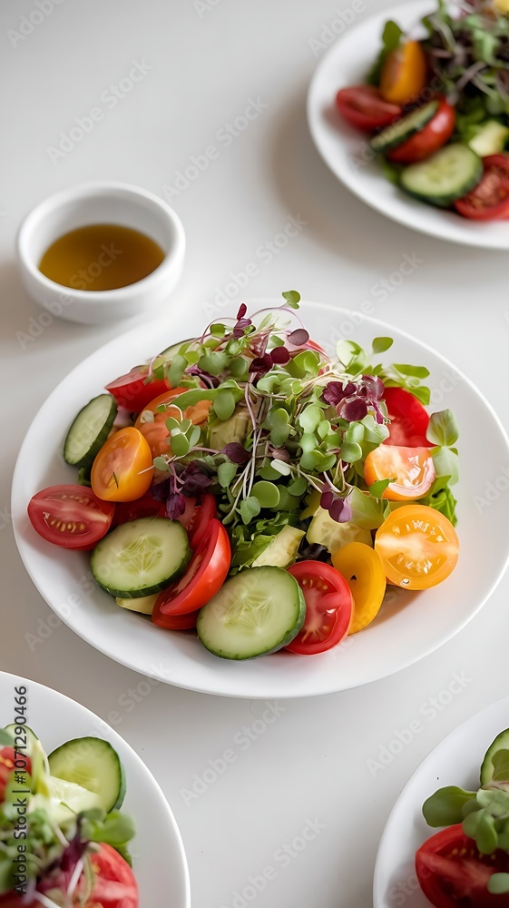 Organic farm-to-table salad with heirloom tomatoes, cucumber, avocado, and microgreens on a white plate with dressing Organic farm-to-table salad with heirloom tomatoes, cucumber, avocado, and microgreens on a white plate with dressing