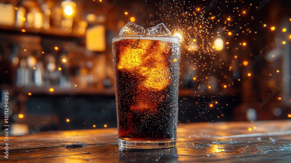 A glass of cola with ice on a bar counter, with sparkling lights in the background. A glass of cola with ice on a bar counter, with sparkling lights in the background.