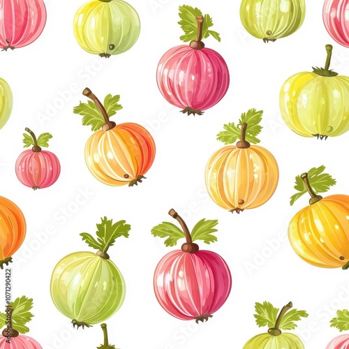 Colorful seamless pattern of gooseberries, vibrant and fresh, isolated on white.