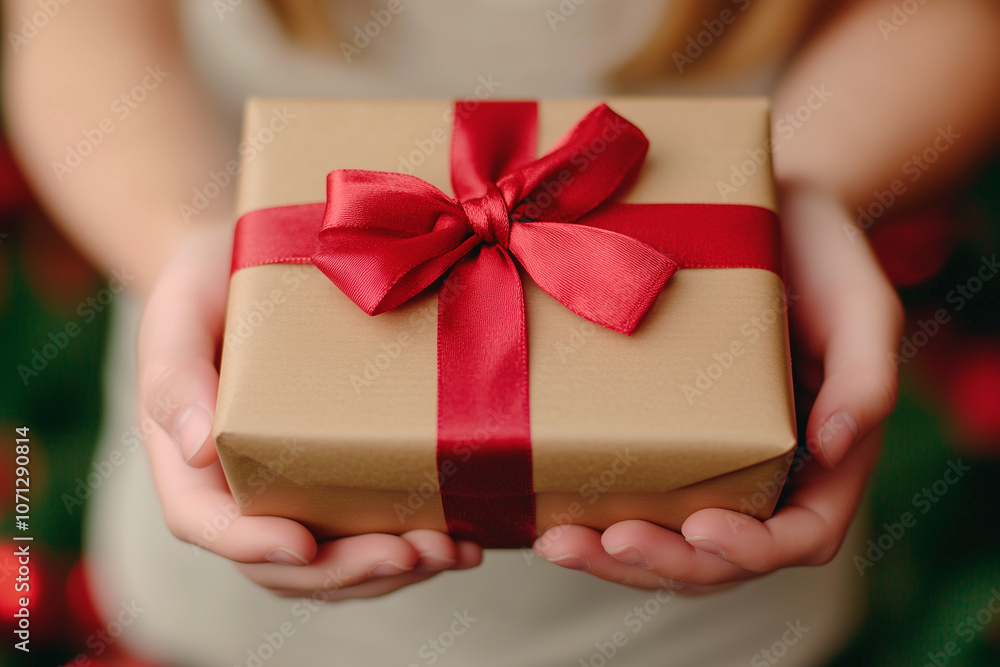 Close-Up of Hands Wrapping Christmas Gifts in Plain Brown, Red Paper Close-Up of Hands Wrapping Christmas Gifts in Plain Brown, Red Paper