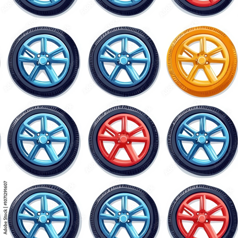 Flat style seamless pattern of car wheels, bold and vibrant, isolated on white background. Flat style seamless pattern of car wheels, bold and vibrant, isolated on white background.
