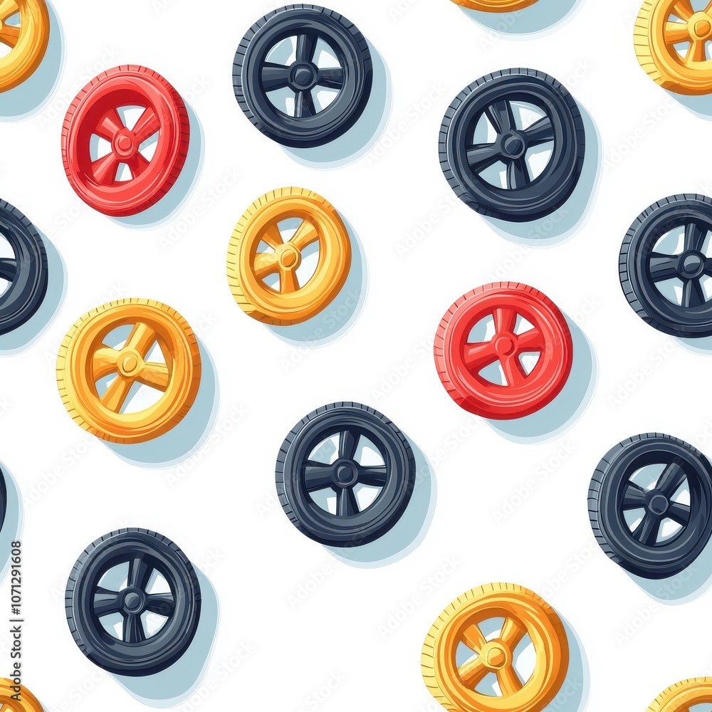 Flat style seamless pattern of car wheels, bold and vibrant, isolated on white background. Flat style seamless pattern of car wheels, bold and vibrant, isolated on white background.