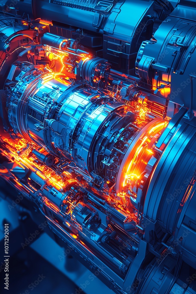 Cross-section view of a futuristic electric vehicle engine, exploded ...