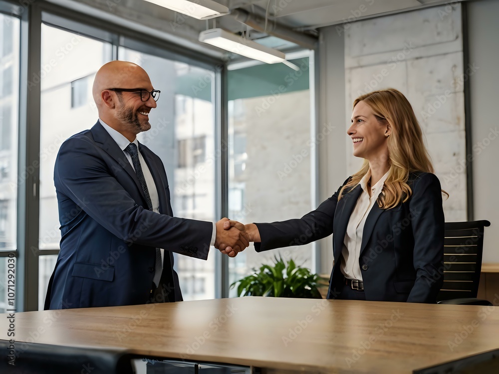 in an office during the day two people are shaking hands after they started working together in business in an office during the day two people are shaking hands after they started working together in business