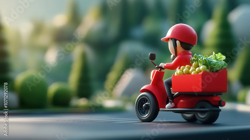 3D depiction of delivery man on red scooter carrying fresh produce, showcasing vibrant outdoor scene. character wears red helmet and is focused on road ahead