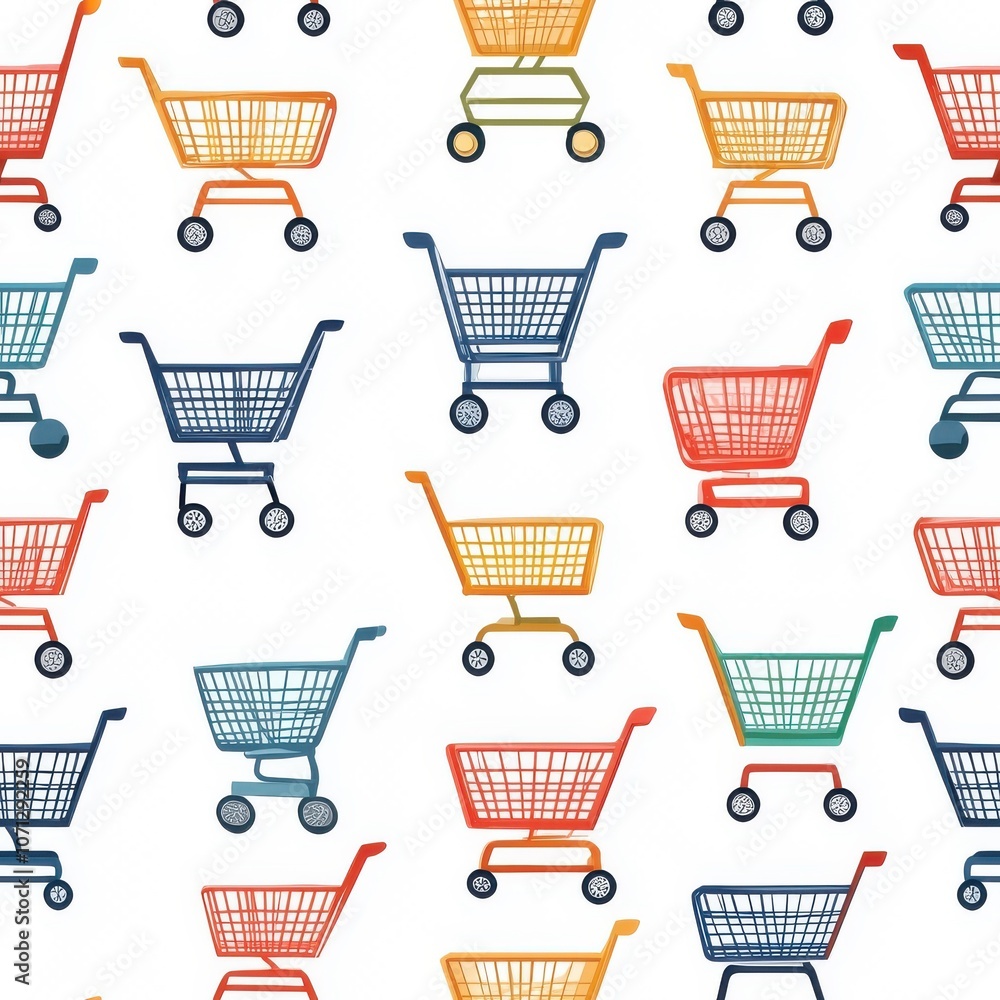 Flat style seamless pattern of shopping carts, neat and colorful, isolated on white. Flat style seamless pattern of shopping carts, neat and colorful, isolated on white.
