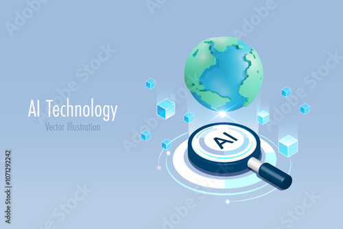 World on AI magnifying glass with block chain security system. Powerful search engine innovation technology to defines worldwide smart solution, futuristic background. 3D vector.