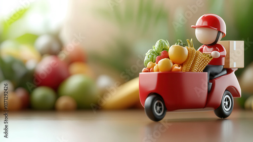 Fototapeta Naklejka Na Ścianę i Meble -  Delivery man in red helmet driving cart filled with fresh fruits and vegetables, showcasing vibrant and colorful scene of healthy food options