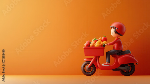 cheerful delivery person on red scooter carries basket of fresh fruits against vibrant orange background. scene conveys sense of joy and freshness